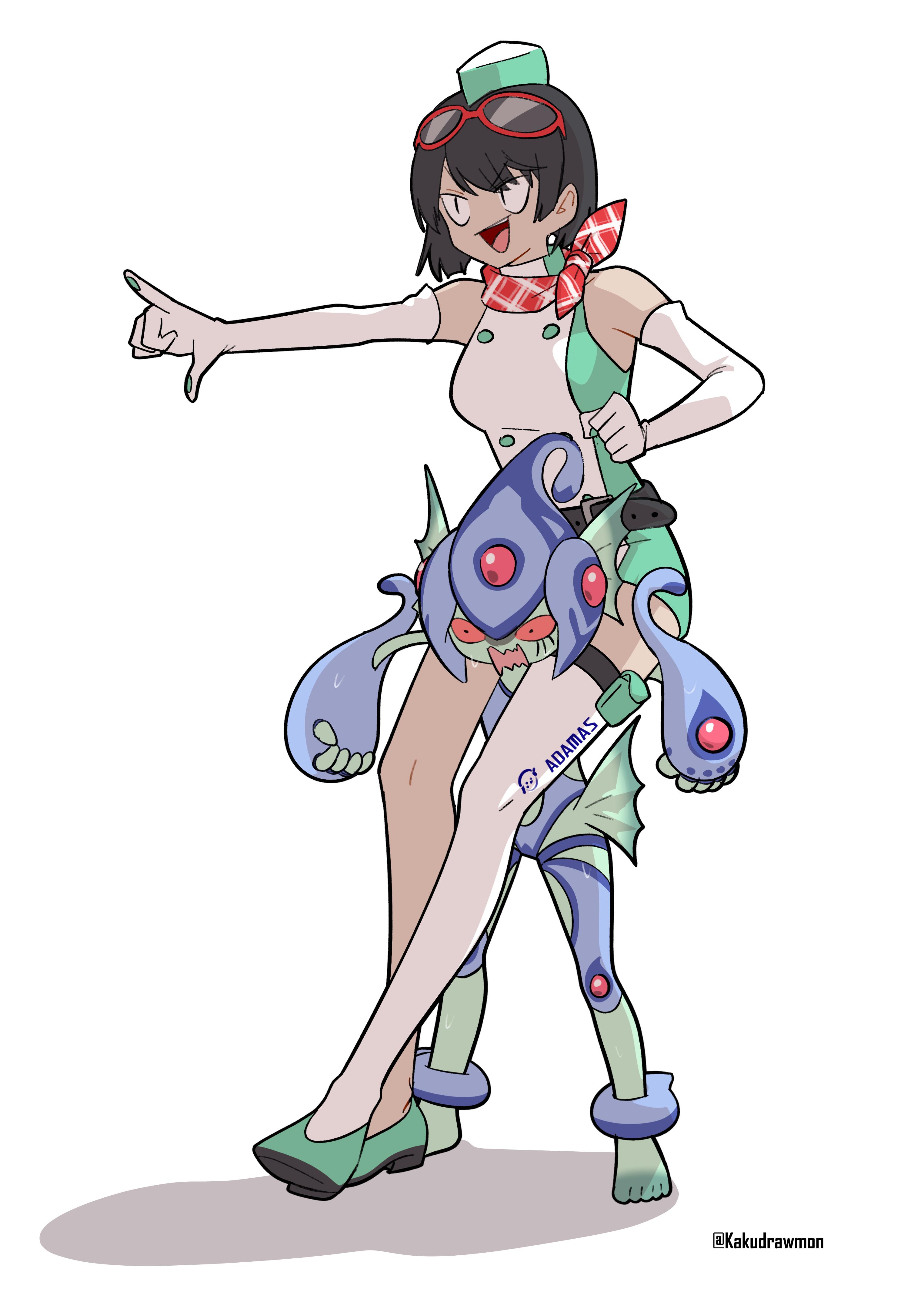 kakudrawmon, ranamon, yuuki kanan, digimon, digimon story: time stranger, absurdres, derivative work, highres, 2girls, barefoot, blue one-piece swimsuit, carrying, colored skin, digimon (creature), dress, elbow gloves, fins, full body, gloves, green dress, green hat, green skin, hat, head fins, multiple girls, one-piece swimsuit, pointing, red eyes, short hair, shoulder carry, simple background, single thighhigh, swimsuit, thighhighs, white background, white dress, white gloves