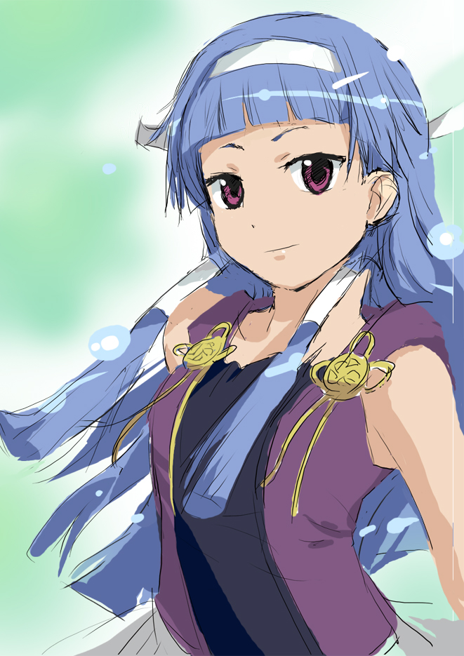 fura, nagi, kannagi, 00s, 1girl, :|, bare shoulders, blunt bangs, blush, closed mouth, female focus, hair tubes, hairband, looking at viewer, purple eyes, sidelocks, sketch, solo, upper body, vest