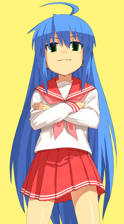 yu 65026, izumi konata, lucky star, 00s, 1girl, ahoge, female focus, mole, mole under eye, school uniform, serafuku, solo