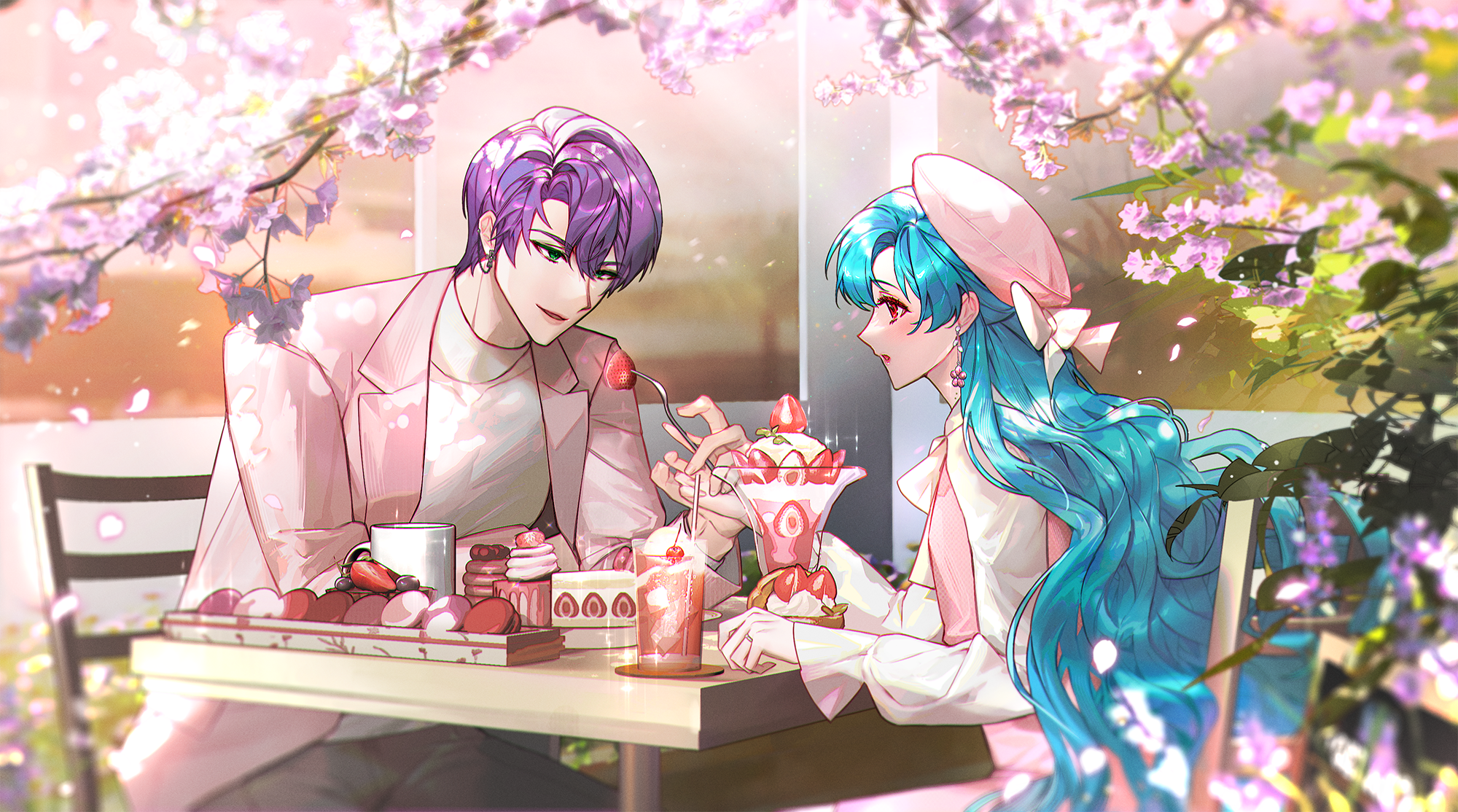 bamcream, original, commentary, commission, english commentary, highres, 1boy, 1girl, blue hair, blush, cherry blossoms, cup, drink, feeding, food, fork, fruit, hat, holding, holding fork, jacket, long hair, long sleeves, open clothes, open jacket, open mouth, parfait, pink hat, pink jacket, purple hair, shirt, short hair, sitting, smile, spring (season), strawberry, white shirt