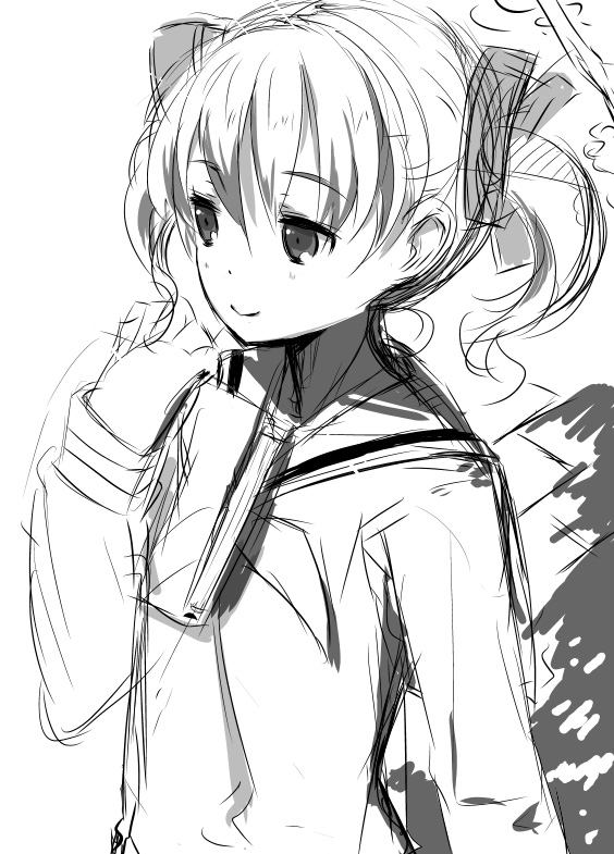 yamane masato, fukuzawa yumi, maria-sama ga miteru, 00s, 1girl, book, female focus, greyscale, holding, long sleeves, monochrome, sailor collar, school uniform, serafuku, simple background, sketch, solo, twintails, white background