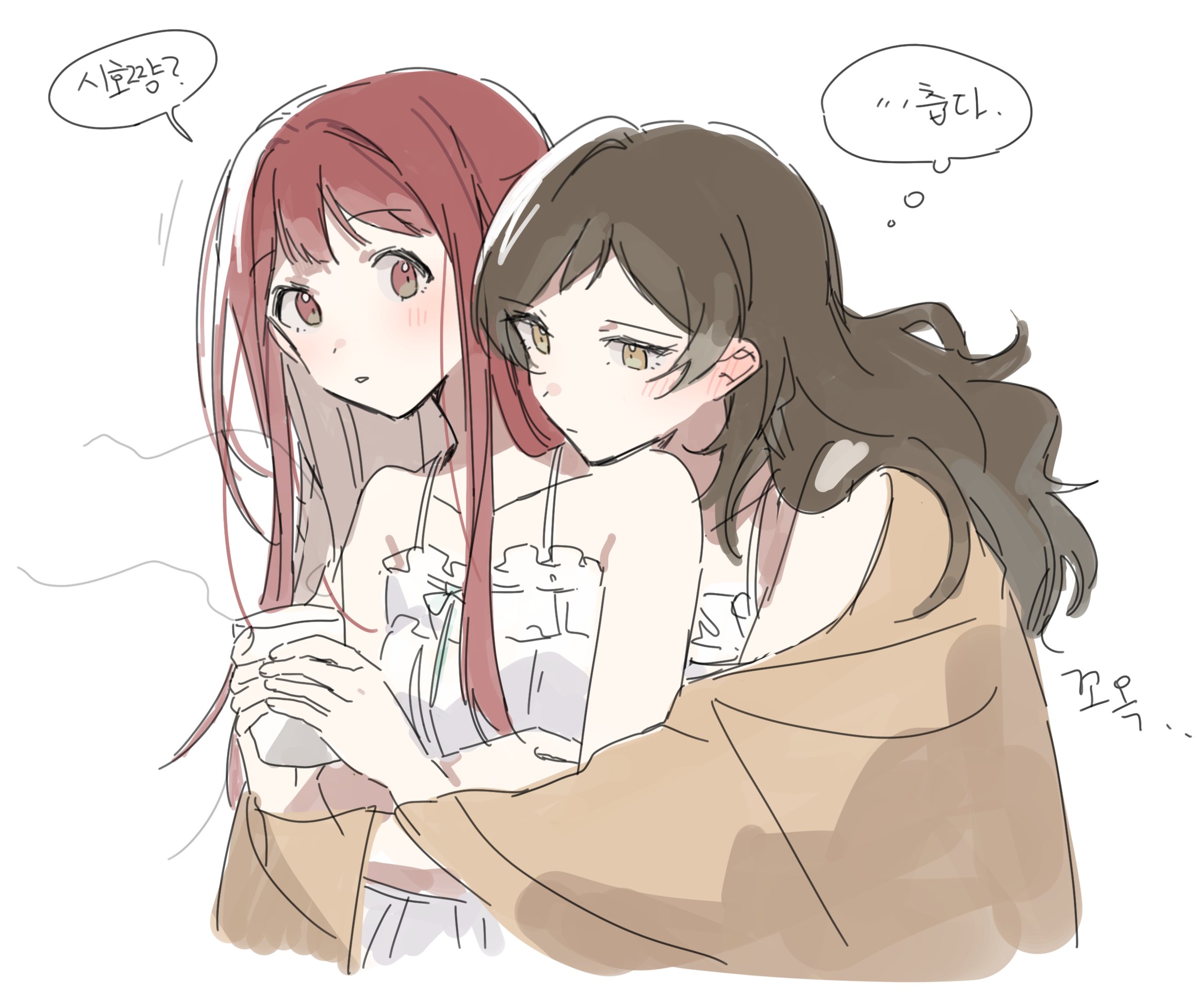 hano9789, kitazawa shiho, tanaka kotoha, idolmaster, idolmaster million live!, highres, translation request, 2girls, behind another, blanket, blush, brown eyes, brown hair, cropped torso, cup, dress, holding, holding cup, korean text, long hair, multiple girls, parted lips, red eyes, red hair, simple background, speech bubble, white background, white dress, yuri