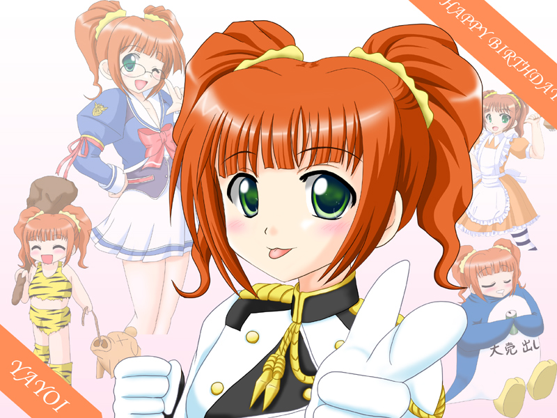 takatsuki yayoi, idolmaster, idolmaster (classic), idolmaster 1, maid fairy tale, non-web source, 00s, band uniform, bird, glasses, green eyes, majorette, oni, orange hair, penguin, salute, school uniform, serafuku, tongue, twintails, waitress