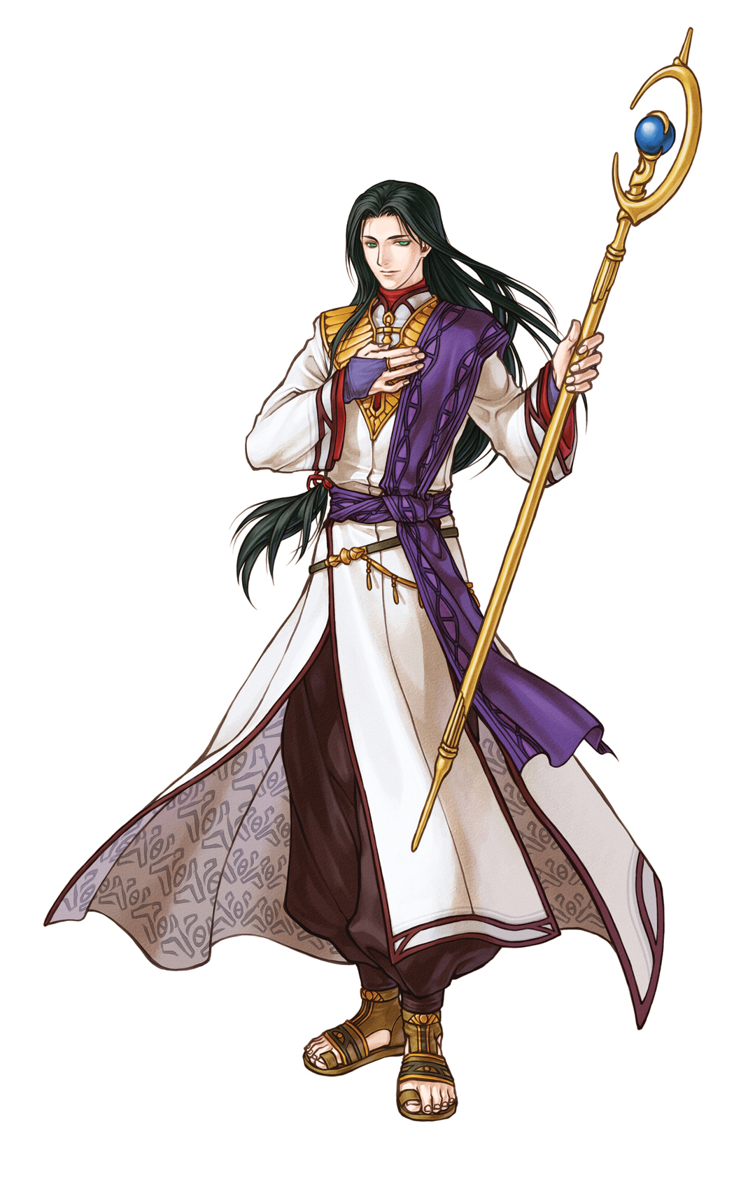 kita senri, sephiran (fire emblem), fire emblem, fire emblem: path of radiance, fire emblem: radiant dawn, nintendo, highres, official art, 1boy, black hair, full body, green eyes, long hair, male focus, sandals, simple background, solo, white background