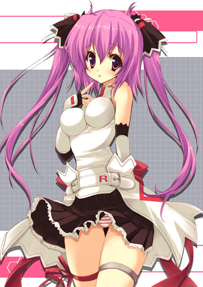 yukiwo, mizushiro celica, beatmania iidx, beatmania iidx 15 dj troopers, bemani, 1girl, bare shoulders, breasts, female focus, impossible clothes, impossible shirt, long hair, panties, pantyshot, purple eyes, purple hair, shirt, skirt, solo, striped clothes, striped panties, twintails, underwear, upskirt