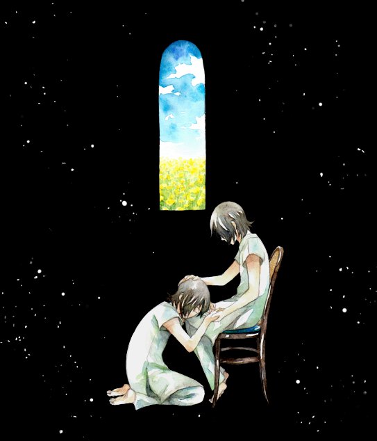 hitohan, allelujah haptism, hallelujah haptism, gundam, gundam 00, 00s, 2boys, barefoot, chair, cloud, dark, dual persona, field, flower, grass, male focus, multiple boys, sky, space, star (sky), star (symbol), starry sky, window