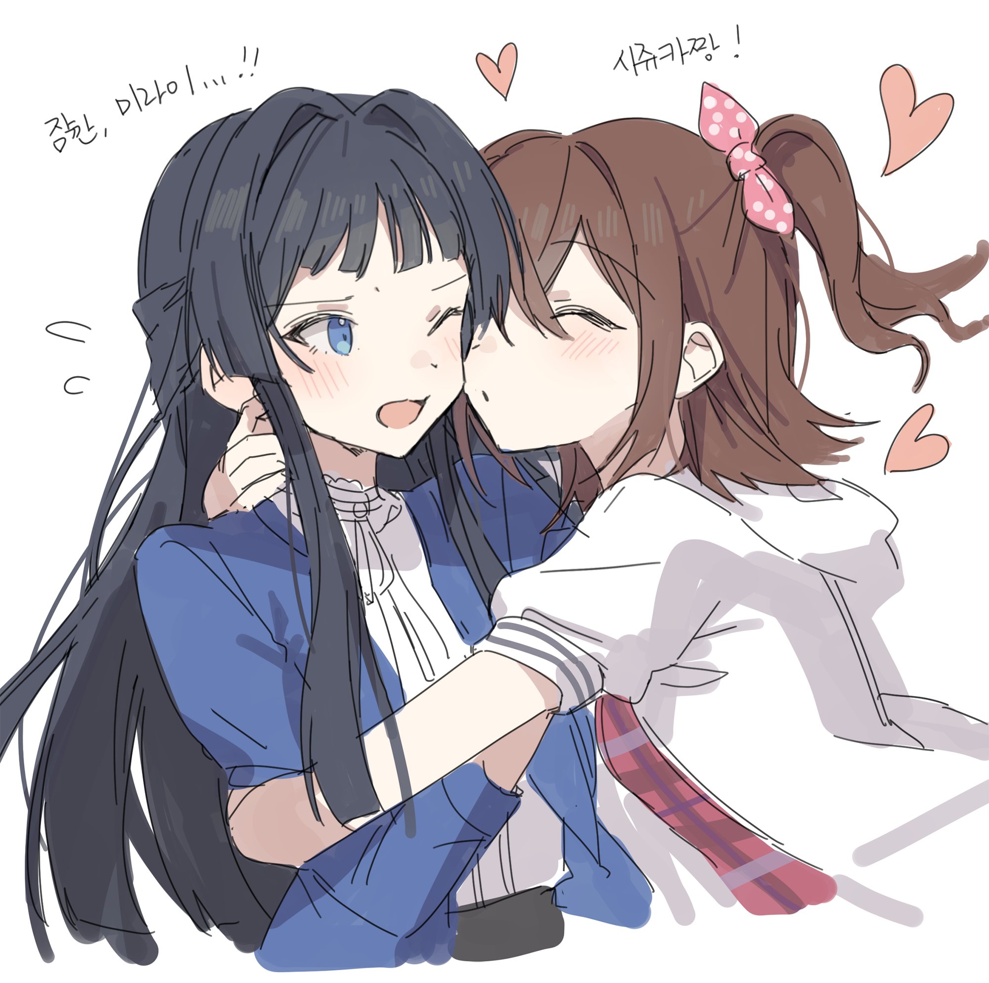 hano9789, kasuga mirai, mogami shizuka, idolmaster, idolmaster million live!, highres, translation request, 2girls, black hair, blue cardigan, brown hair, cardigan, closed eyes, cropped torso, heart, hug, incoming kiss, jacket, korean text, long hair, looking at another, multiple girls, one eye closed, one side up, open cardigan, open clothes, open jacket, short hair, short sleeves, simple background, white background, white jacket, yuri