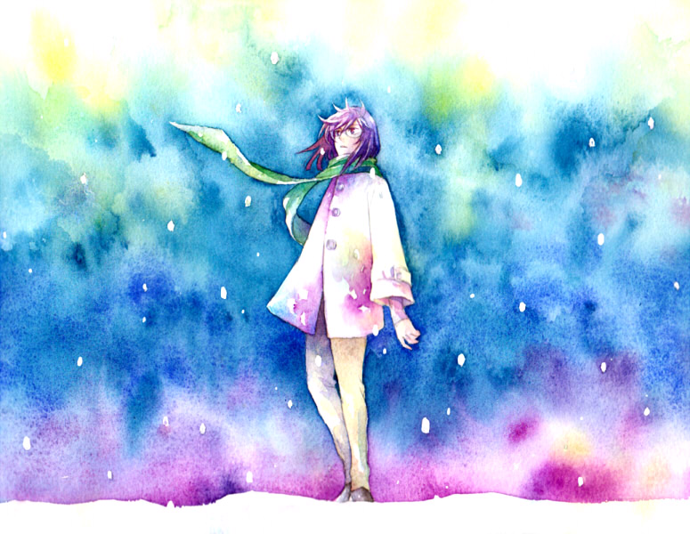 hitohan, tieria erde, gundam, gundam 00, light, 00s, 1boy, glasses, male focus, purple hair, red eyes, scarf, sky, snow, solo