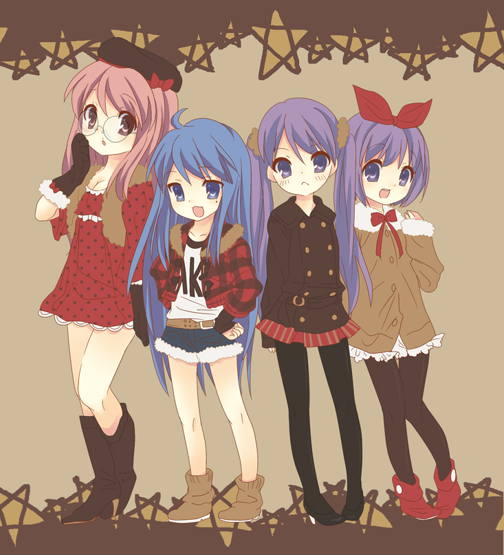 maki (natoriumu), hiiragi kagami, hiiragi tsukasa, izumi konata, takara miyuki, lucky star, bad id, bad pixiv id, 00s, 4girls, ahoge, blue eyes, blue hair, boots, breasts, casual, cleavage, coat, denim, denim shorts, glasses, gloves, hat, long hair, mole, mole under eye, multiple girls, pantyhose, pink hair, purple hair, ribbon, short hair, shorts, siblings, simple background, sisters, skirt, small breasts, standing, thighhighs, thighs, twins, twintails