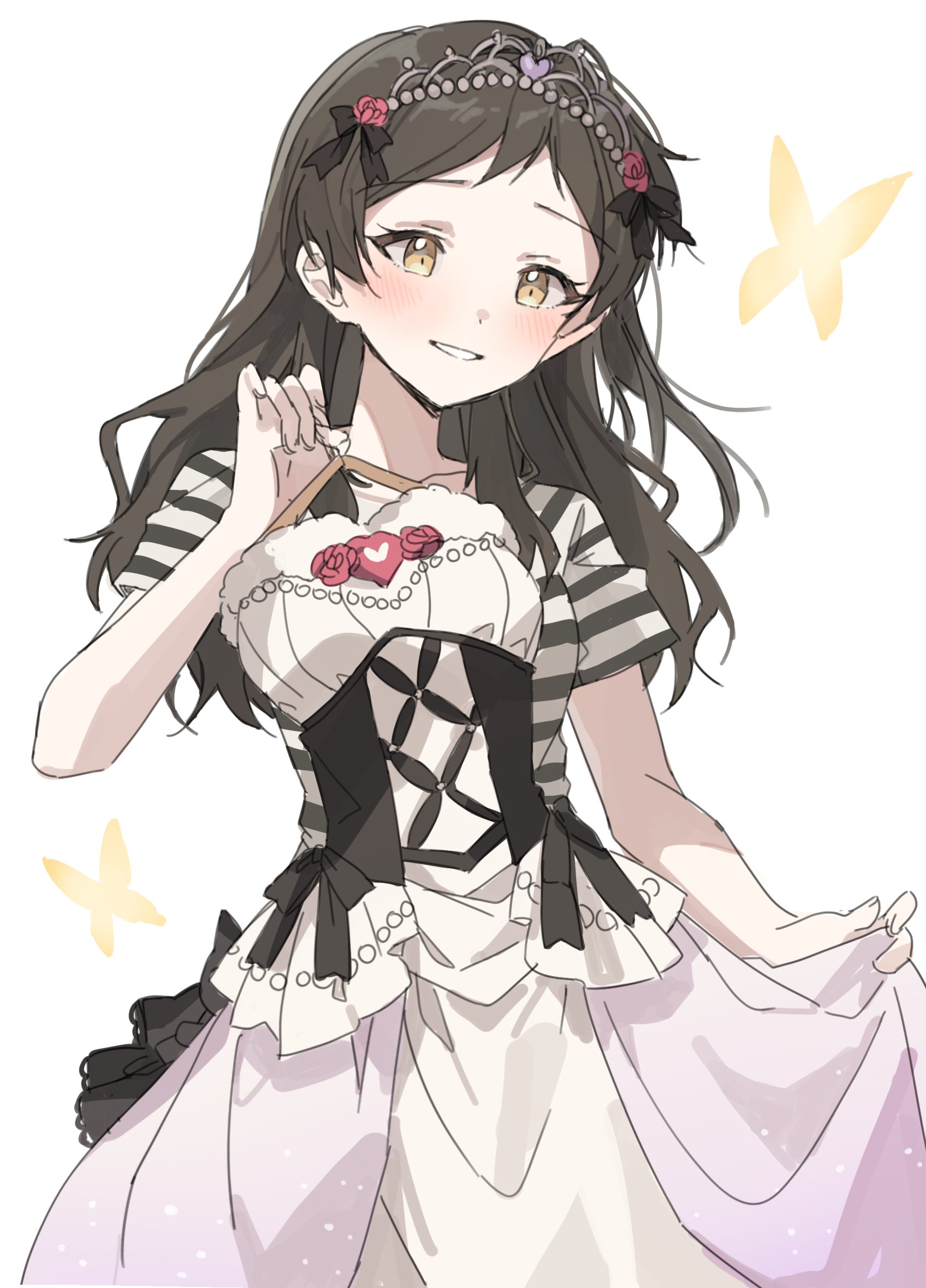 hano9789, kitazawa shiho, idolmaster, idolmaster million live!, idolmaster million live! theater days, highres, 1girl, brown eyes, brown hair, bug, butterfly, dress, golden butterfly, grin, holding, holding unworn clothes, holding unworn dress, insect, kitazawa shiho (princess story), long hair, looking at viewer, official alternate costume, shirt, short sleeves, simple background, smile, solo, standing, striped clothes, striped shirt, tiara, unworn dress, white background