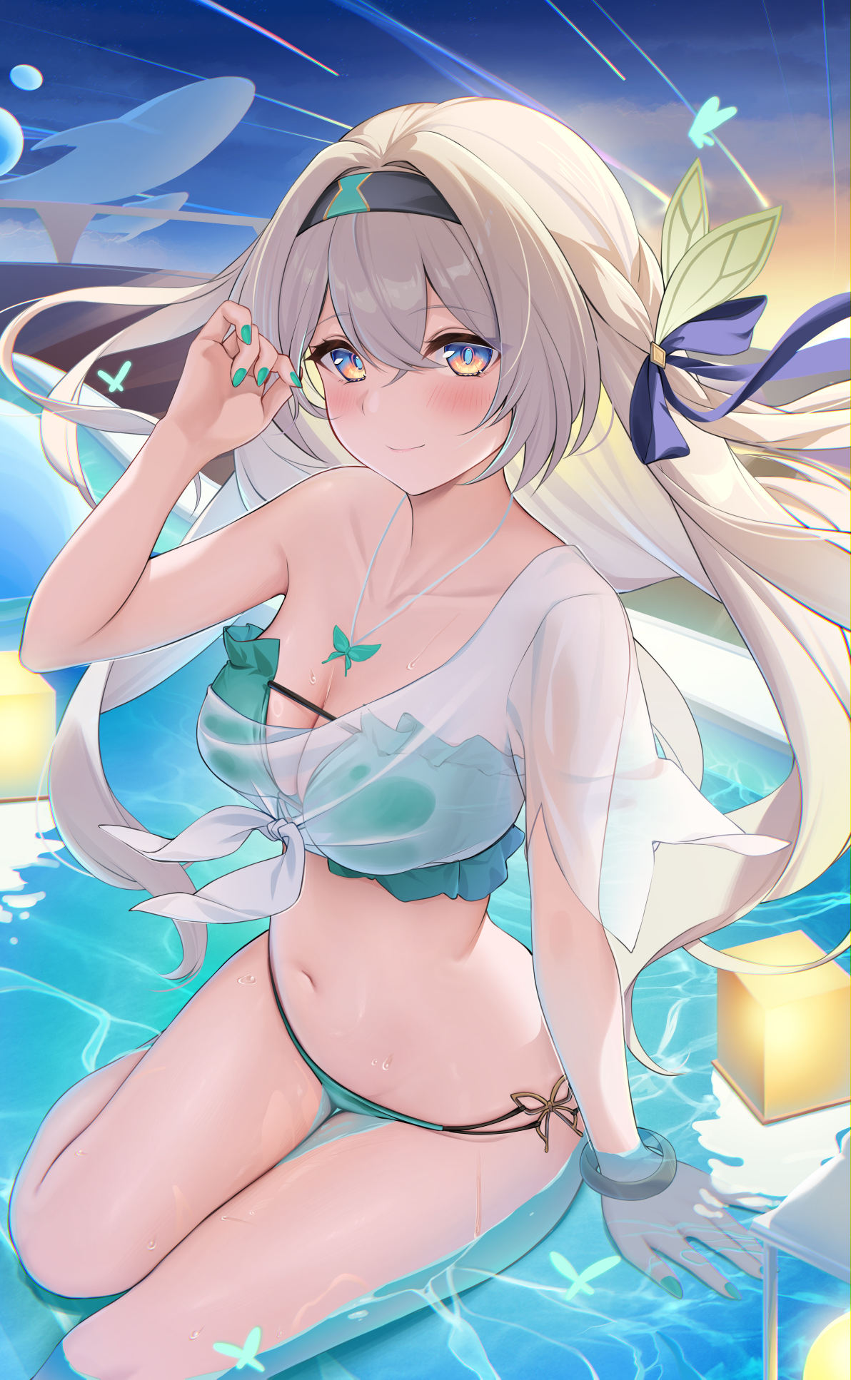 hino kagutsuki, firefly (honkai: star rail), honkai: star rail, honkai (series), commentary request, highres, 1girl, aqua bikini, arm support, bikini, blue ribbon, blush, bracelet, breasts, collarbone, green nails, grey hair, hair between eyes, hair ribbon, hairband, hand up, jewelry, looking at viewer, nail polish, navel, partially submerged, purple eyes, ribbon, see-through clothes, see-through shirt, shirt, single-shoulder shirt, single sleeve, sitting, solo, stomach, strapless, strapless bikini, swimsuit, thighs, water, white shirt