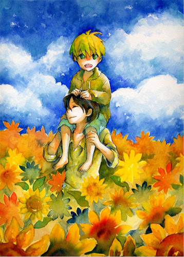 nagomi (nekozyarashide), 2boys, cloud, day, field, flower, multiple boys, scenery, sky, smile, sunflower