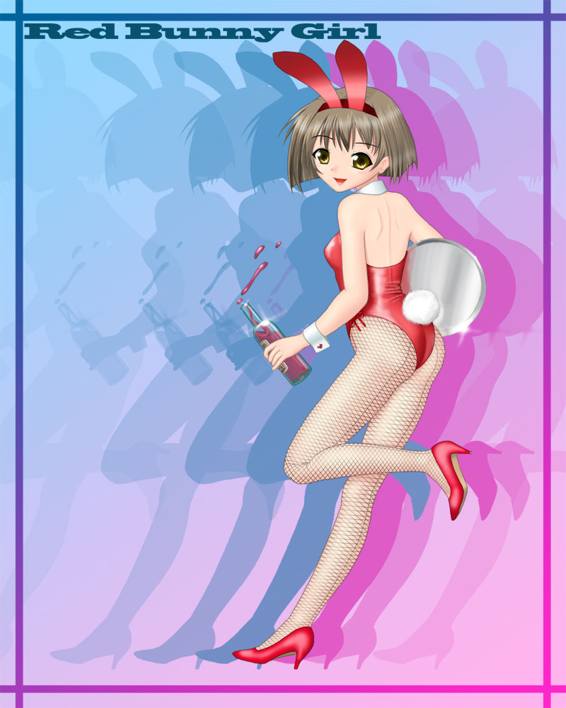 oka takeshi, silver hair, akigitsune, alcohol, animal ears, ass, bottle, fake animal ears, fishnet pantyhose, fishnets, high heels, pantyhose, playboy bunny, rabbit ears, shoes, short hair, solo, tray, wine, yellow eyes