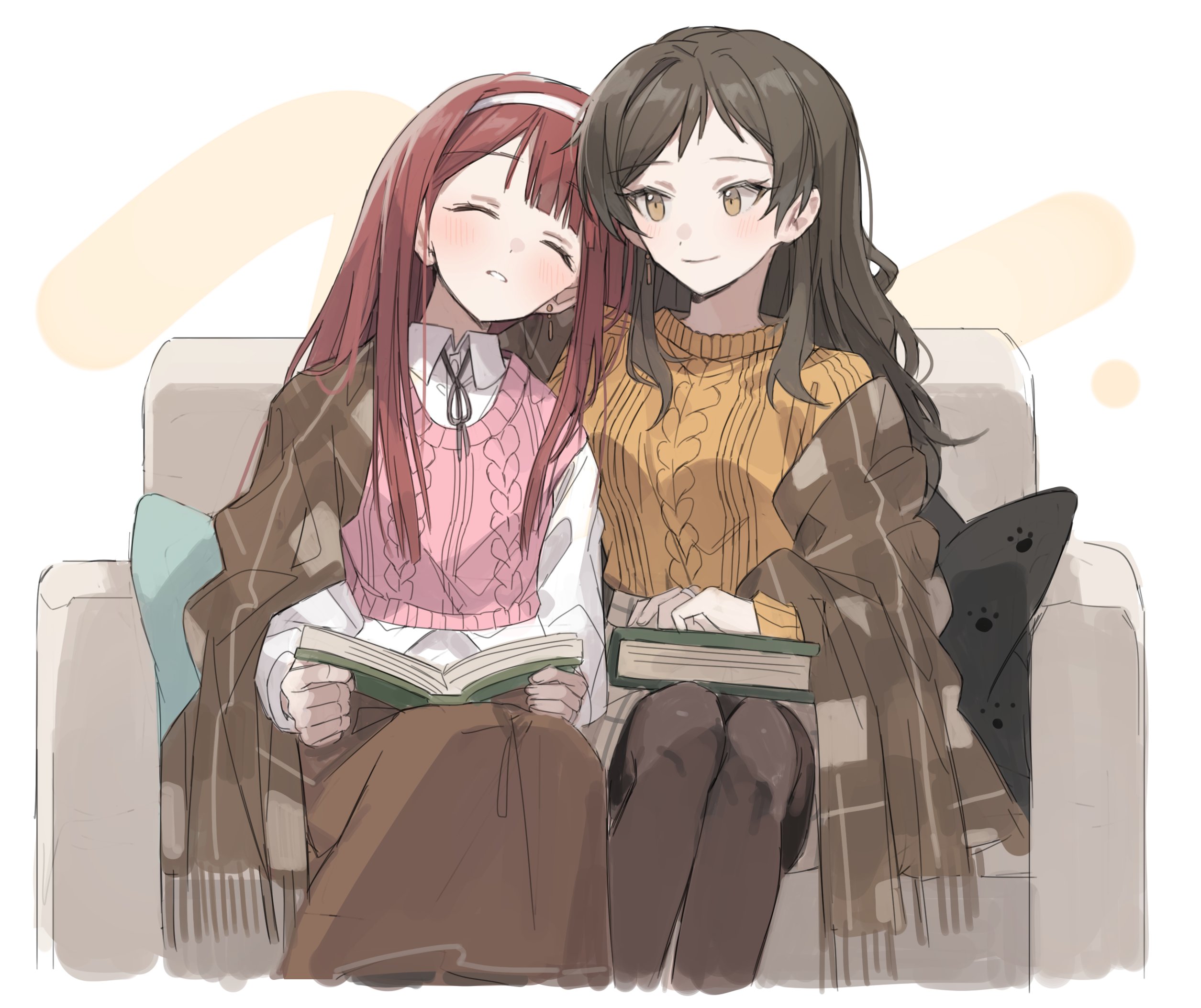 hano9789, kitazawa shiho, tanaka kotoha, idolmaster, idolmaster million live!, commentary request, highres, korean commentary, 2girls, blanket, blush, book, brown eyes, brown hair, brown pantyhose, brown skirt, closed eyes, couch, hairband, holding, holding book, light smile, long hair, long sleeves, looking at another, multiple girls, on couch, open book, pantyhose, parted lips, pink sweater vest, red eyes, side-by-side, sitting, skirt, sleeping, sweater, sweater vest, white hairband, yellow sweater, yuri