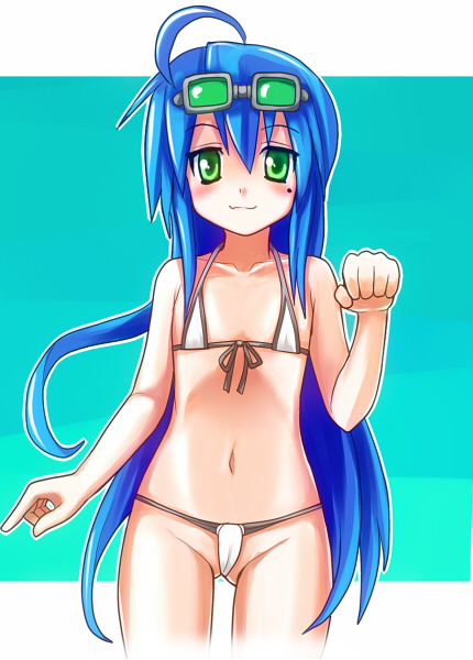 miru, izumi konata, lucky star, 00s, 1girl, :3, ahoge, bikini, blue hair, female focus, flat chest, goggles, green eyes, long hair, micro bikini, mole, mole under eye, solo, swimsuit, white bikini