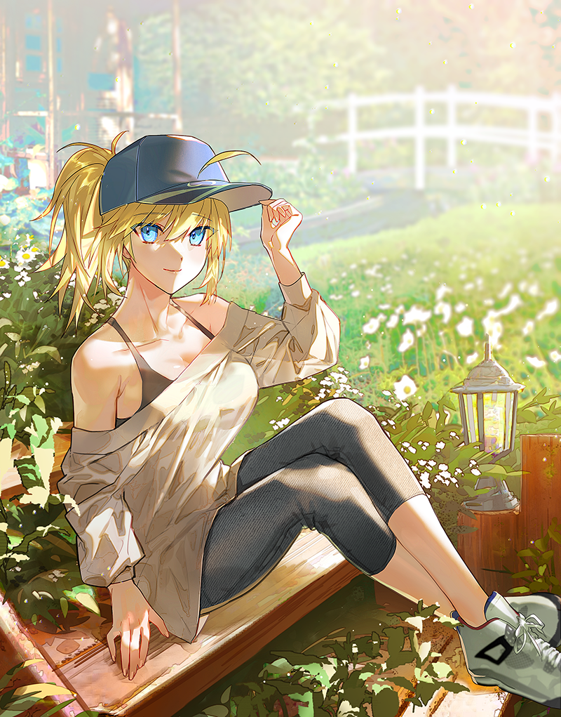bamcream, artoria pendragon (fate), mysterious heroine xx (fate), fate/grand order, fate (series), commentary, commission, english commentary, 1girl, black bra, black pants, blonde hair, blue eyes, blue hat, bra, breasts, cleavage, closed mouth, collarbone, day, full body, hair between eyes, hand up, hat, lantern, large breasts, long hair, long sleeves, looking at viewer, off shoulder, outdoors, pants, ponytail, shirt, shoes, sitting, smile, sneakers, solo, underwear, white shirt, white shoes