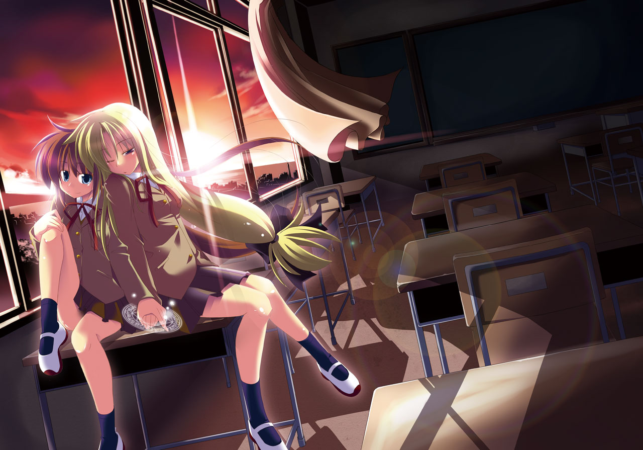 kazekawa nagi, fate testarossa, takamachi nanoha, lyrical nanoha, mahou shoujo lyrical nanoha, 00s, 2girls, blonde hair, blue eyes, brown hair, classroom, holding hands, indoors, long hair, magic circle, multiple girls, school, school uniform, serafuku, sitting, sunset, wink