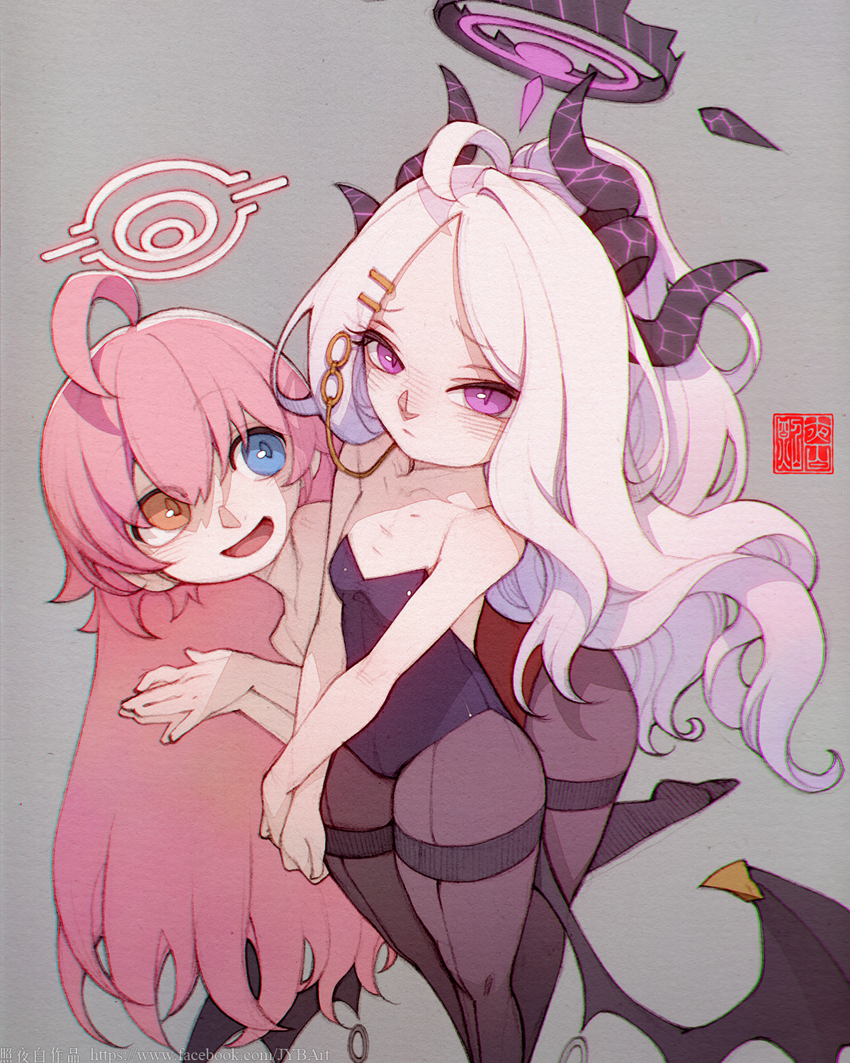 zhaoyebai, hina (blue archive), hoshino (blue archive), blue archive, highres, 2girls, ahoge, alternate costume, black halo, breasts, demon girl, demon horns, demon wings, halo, heterochromia, horns, long hair, looking at viewer, low wings, multiple girls, open mouth, pink hair, pink halo, playboy bunny, purple eyes, simple background, small breasts, standing, very long hair, white hair, wings