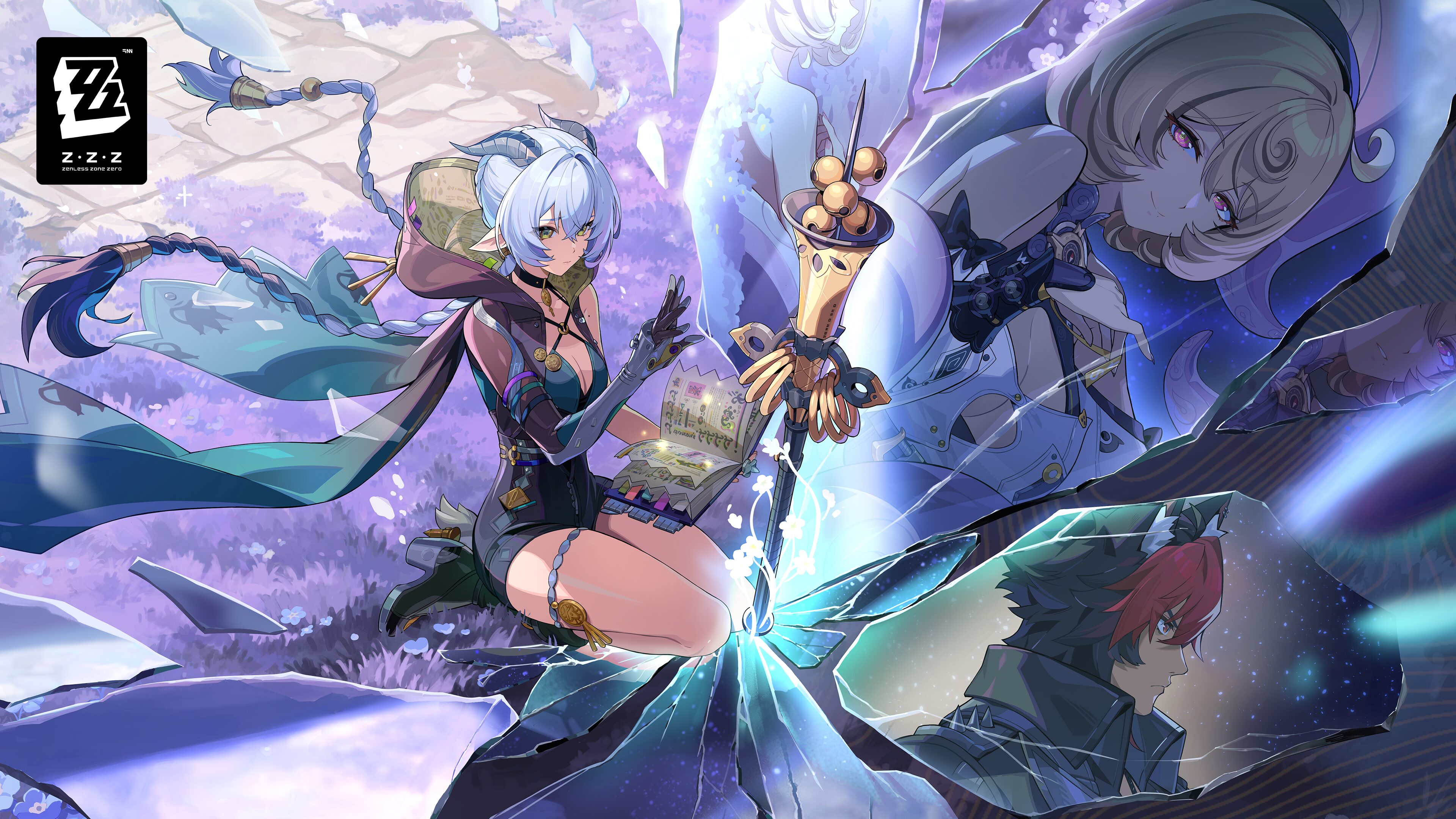 komano manato, lucia (zenless zone zero), yidhari (zenless zone zero), zenless zone zero, absurdres, highres, official art, second-party source, 1boy, 2girls, animal ears, bare shoulders, black hat, blonde hair, blue hair, book, boots, braid, breasts, broken glass, detached sleeves, dog boy, glass, green eyes, hat, high heel boots, high heels, hood, horns, monster girl, multicolored hair, multiple girls, multiple views, pointy ears, purple eyes, red eyes, red hair, reflection, seiza, short hair, shorts, sitting, staff, tentacles, thigh strap, thighs