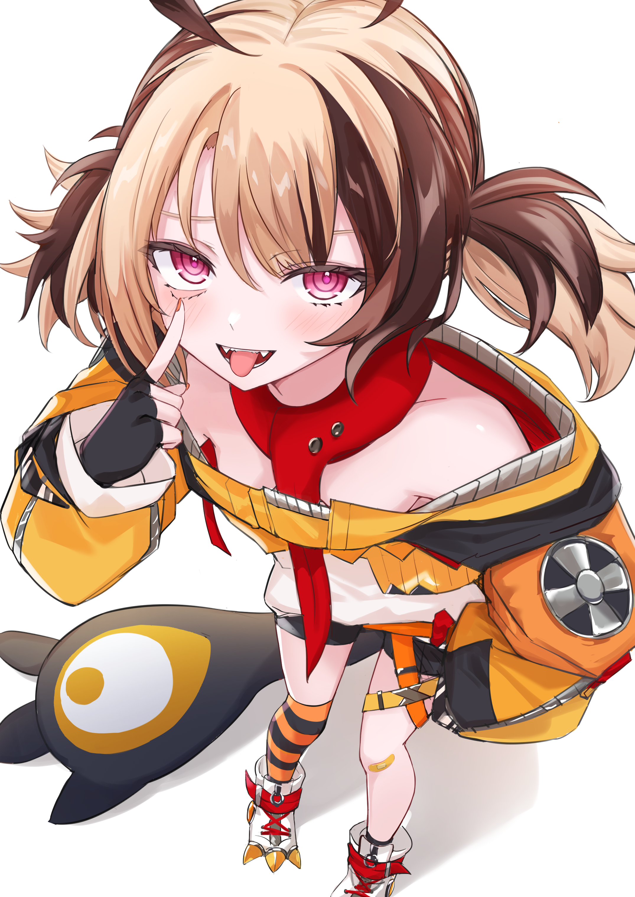 heckler kai, gigi murin, gigi murin (1st costume), hololive, hololive english, absurdres, highres, 1girl, :d, akanbe, bike shorts, black shorts, black thighhighs, blonde hair, brown hair, cropped hoodie, eyelid pull, fangs, hood, hoodie, kneehighs, long sleeves, looking at viewer, multicolored hair, open mouth, orange hoodie, orange thighhighs, pink eyes, puffy long sleeves, puffy sleeves, sharp teeth, shirt, shoes, short hair, short twintails, shorts, simple background, single kneehigh, single sock, single thighhigh, smile, sneakers, socks, solo, standing, striped clothes, striped thighhighs, tail, teeth, thighhighs, tongue, tongue out, twintails, two-tone hair, virtual youtuber, white background, white shirt, white shoes