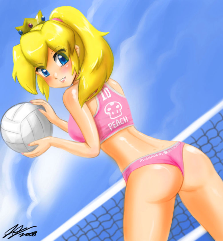 john joseco, princess peach, mario (series), nintendo, eyebrows, 1girl, ass, ball, bikini, blonde hair, blue eyes, blush, breasts, crown, day, dutch angle, eyelashes, female focus, outdoors, panties, pink bikini, signature, sky, smile, solo, sports bra, swimsuit, thong, underwear, volleyball, volleyball (object)