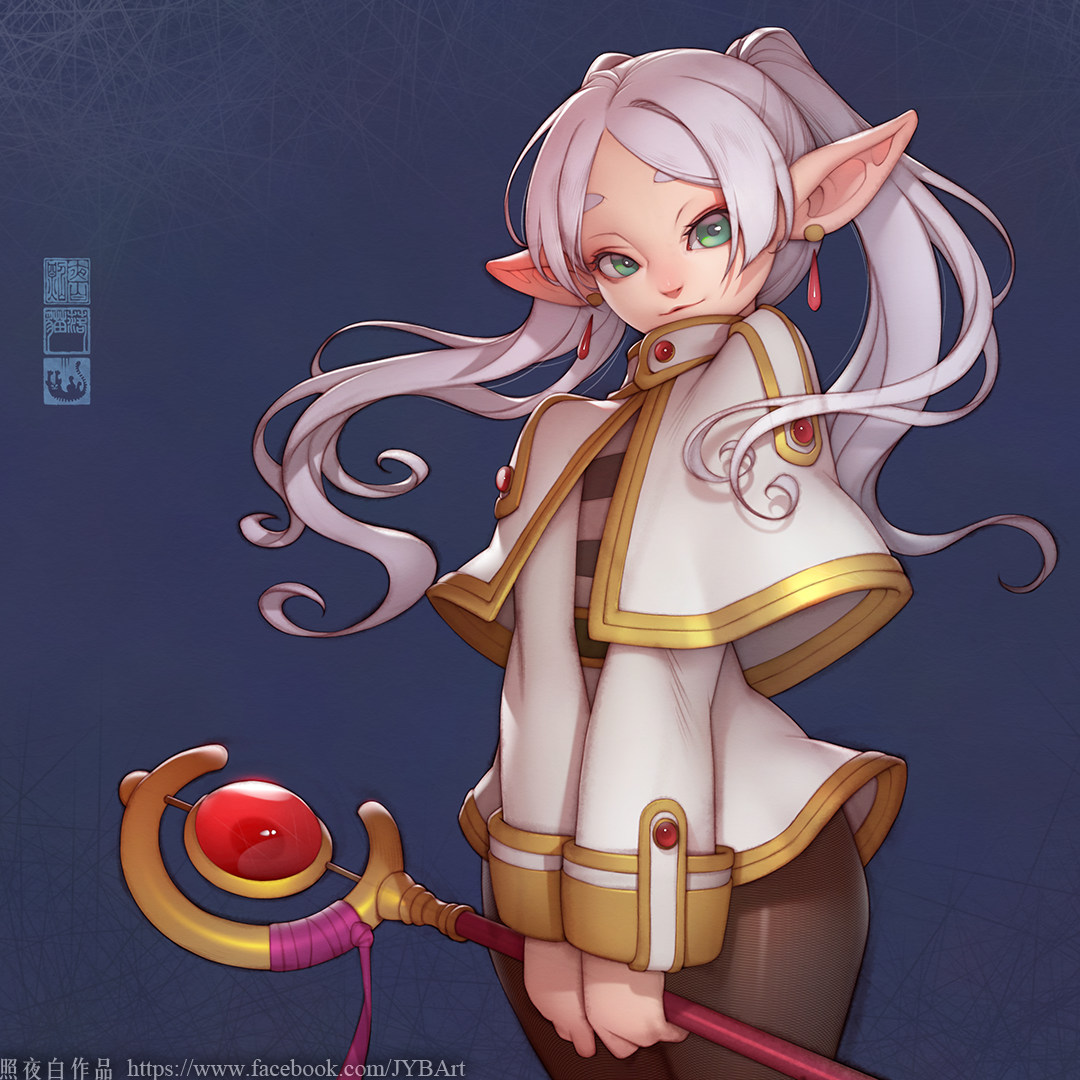 zhaoyebai, frieren, sousou no frieren, hashtag-only commentary, 1girl, black pantyhose, blue background, capelet, closed mouth, earrings, elf, facebook username, floating hair, gold trim, green eyes, grey hair, high collar, holding, holding staff, jewelry, long hair, long sleeves, looking at viewer, mage staff, miniskirt, pantyhose, parted bangs, pointy ears, shirt, short eyebrows, sidelocks, skirt, smile, solo, staff, striped clothes, striped shirt, thick eyebrows, twintails, watermark, web address, white capelet, white skirt