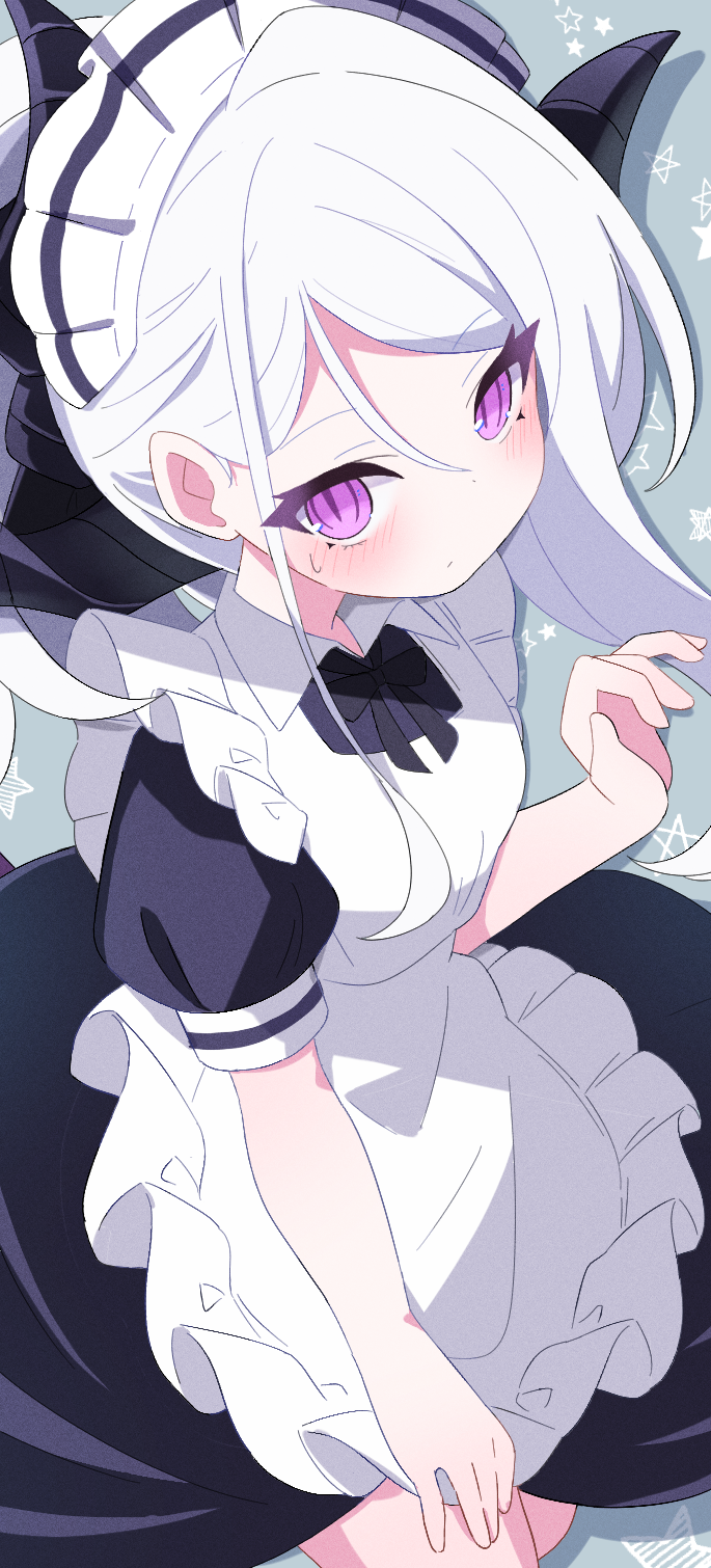 sasanoha (sasanoha0712), hina (blue archive), blue archive, commentary request, highres, 1girl, ahoge, alternate costume, alternate hairstyle, apron, demon girl, demon horns, enmaided, horns, long hair, looking at viewer, maid, maid apron, maid headdress, purple eyes, sitting, solo, star (symbol), very long hair, white hair