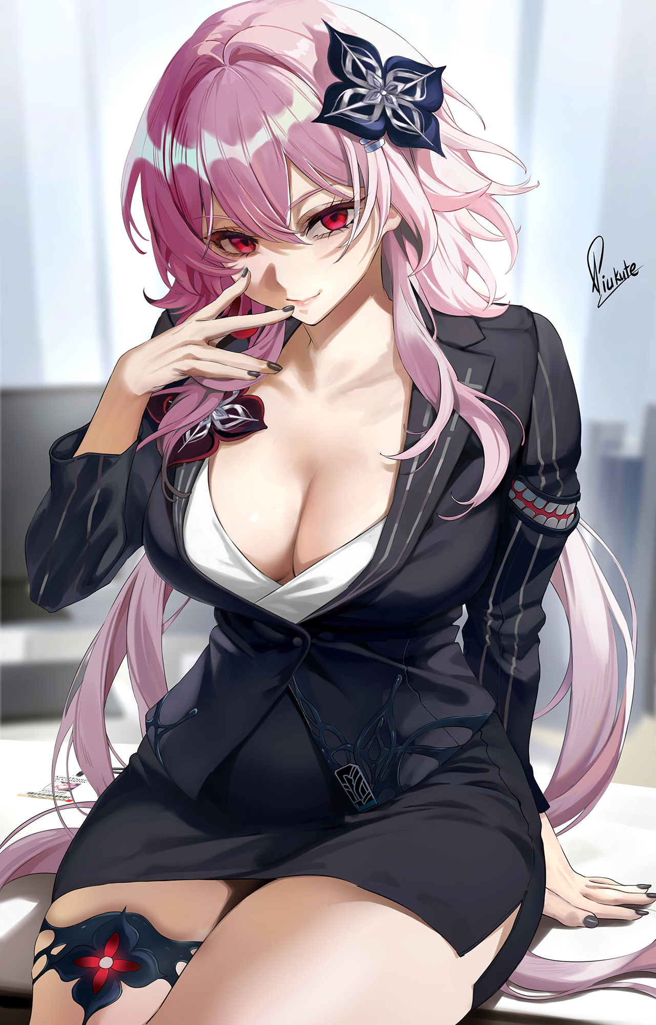 piukute062, evernight (honkai: star rail), march 7th (honkai: star rail), honkai: star rail, honkai (series), commentary, english commentary, highres, 1girl, alternate costume, black jacket, black nails, black skirt, blurry, blurry background, breasts, cleavage, closed mouth, fingernails, flower, hair between eyes, hair flower, hair intakes, hair ornament, hand up, indoors, jacket, jewelry, large breasts, long hair, looking at viewer, nail polish, office lady, pink hair, red eyes, signature, sitting, skirt, smile, solo, suit jacket, thighlet, thighs, very long hair