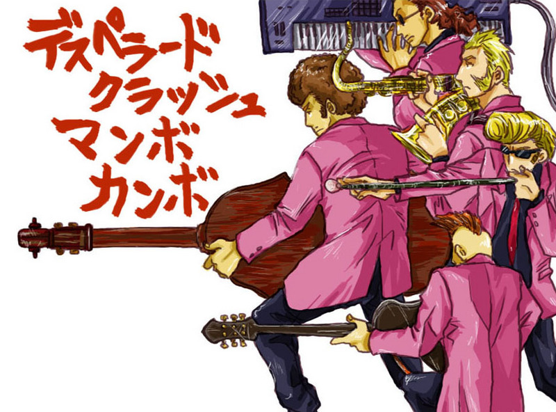 batch, dcmc, duster (mother), magic (mother), oj, shimmy zmizz, mother (series), mother 3, nintendo, translated, 5boys, afro, band (music), bass guitar, blonde hair, brown hair, double bass, facial hair, flute, guitar, instrument, keyboard, keyboard (instrument), male focus, mohawk, multiple boys, mustache, necktie, orange hair, pompadour, ponytail, saxophone, sunglasses, tokyo ska paradise orchestra