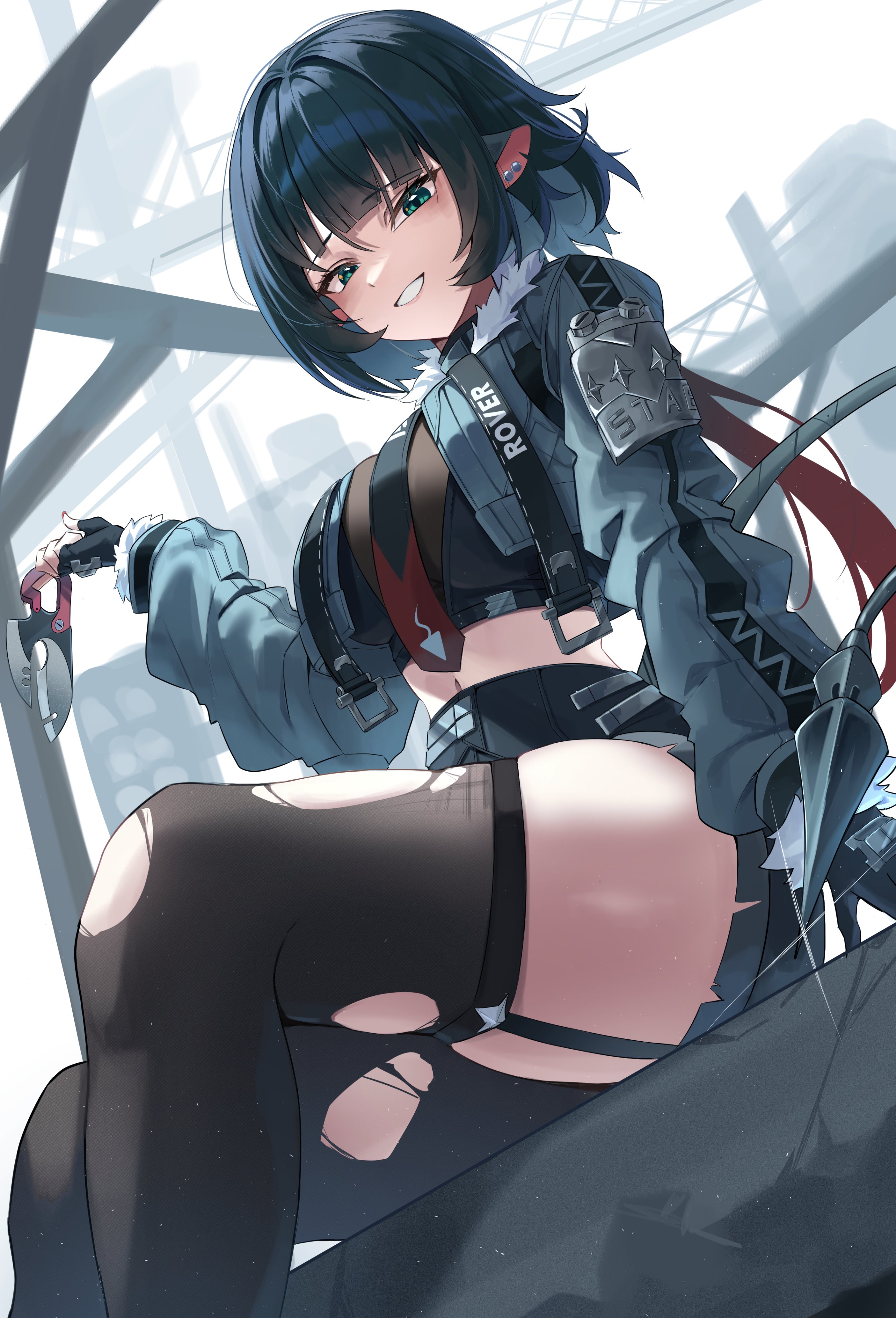 kimae, jane doe (zenless zone zero), zenless zone zero, absurdres, commentary, english commentary, highres, 1girl, animal ears, black garter straps, black gloves, black hair, black shorts, black thighhighs, breasts, construction site, fingerless gloves, fur-trimmed jacket, fur trim, garter straps, gloves, green eyes, grin, high-waist shorts, holding, holding weapon, jacket, long hair, long sleeves, long tail, looking at viewer, midriff, mouse ears, mouse girl, mouse tail, navel, necktie, pantyhose, red nails, sharp tail, shorts, single leg pantyhose, single thighhigh, sitting, smile, solo, spinning weapon, tail, teeth, thighhighs, torn clothes, torn pantyhose, torn thighhighs, two-tone necktie, weapon