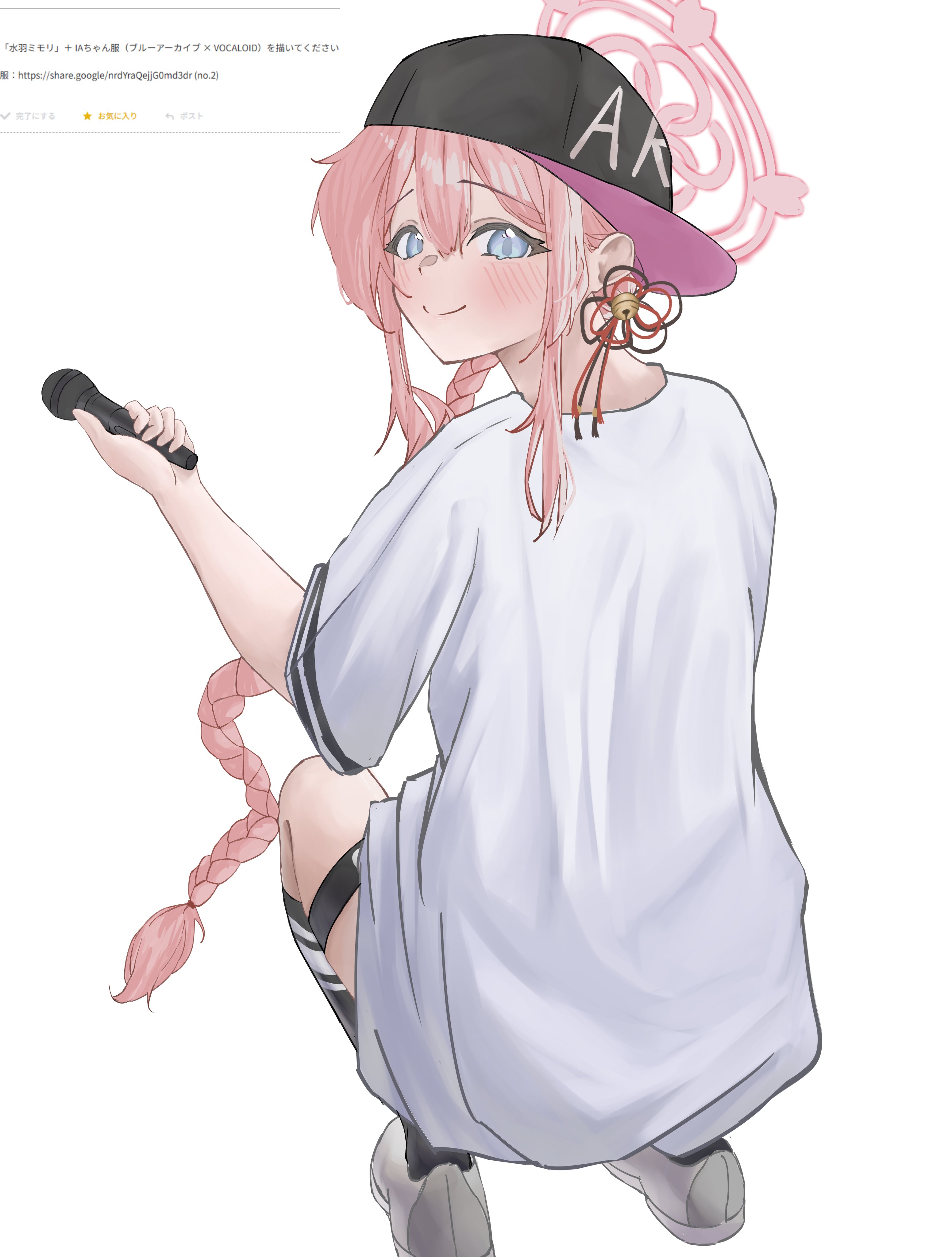 ia (vocaloid), mimori (blue archive), blue archive, odaibako, absurdres, commentary request, highres, black hat, cosplay, halo, hat, ia (vocaloid) (cosplay), long shirt, pink hair, pink halo, ponytail, shirt, shoes, thigh strap, thighhighs, umai (mpwt2433), white shirt, white shoes
