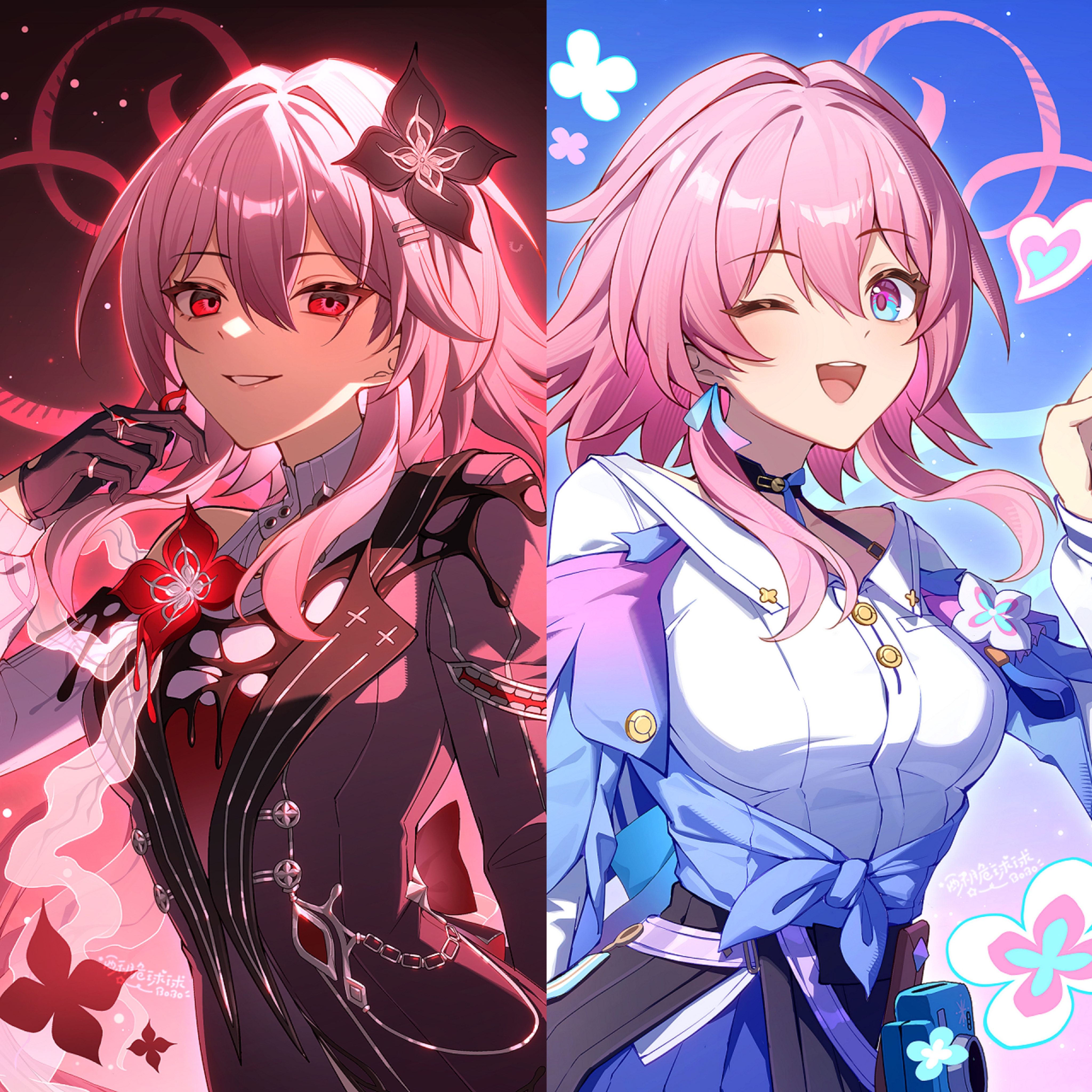 so zei tama tama, evernight (honkai: star rail), march 7th (honkai: star rail), march 7th (preservation) (honkai: star rail), honkai: star rail, honkai (series), absurdres, commentary, highres, 2girls, artist name, asymmetrical clothes, black gloves, blue eyes, blue skirt, breasts, camera, cowboy shot, dual persona, earrings, flower, gloves, hair between eyes, hair ornament, hairclip, hand up, jewelry, long hair, long sleeves, looking at viewer, medium breasts, medium hair, multicolored eyes, multiple girls, one eye closed, open mouth, parallel hairclips, parted lips, pink hair, purple eyes, red eyes, red flower, shirt, single bare shoulder, single earring, skirt, smile, split theme, two-tone eyes, upper body, white shirt