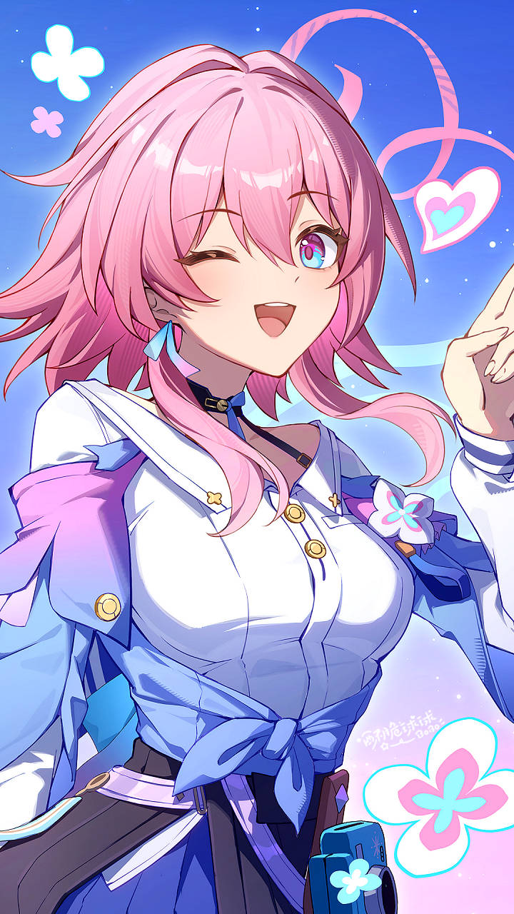 so zei tama tama, march 7th (honkai: star rail), march 7th (preservation) (honkai: star rail), honkai: star rail, honkai (series), commentary, highres, 1girl, artist name, blue eyes, blue skirt, breasts, camera, cowboy shot, hair between eyes, hand up, looking at viewer, medium breasts, medium hair, multicolored eyes, one eye closed, open mouth, pink hair, purple eyes, shirt, skirt, smile, solo, two-tone eyes, white shirt