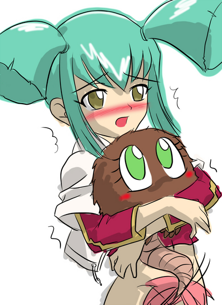 takappe, kuriboh, kuribon, luca, yu-gi-oh!, yuu-gi-ou 5d's, resized, aqua hair, bestiality, blush, bottomless, embarrassed, flat chest, green hair, holding, loli, no pants, open mouth, pixiv thumbnail, short hair, short twintails, simple background, standing, tail, trembling, twintails, yellow eyes
