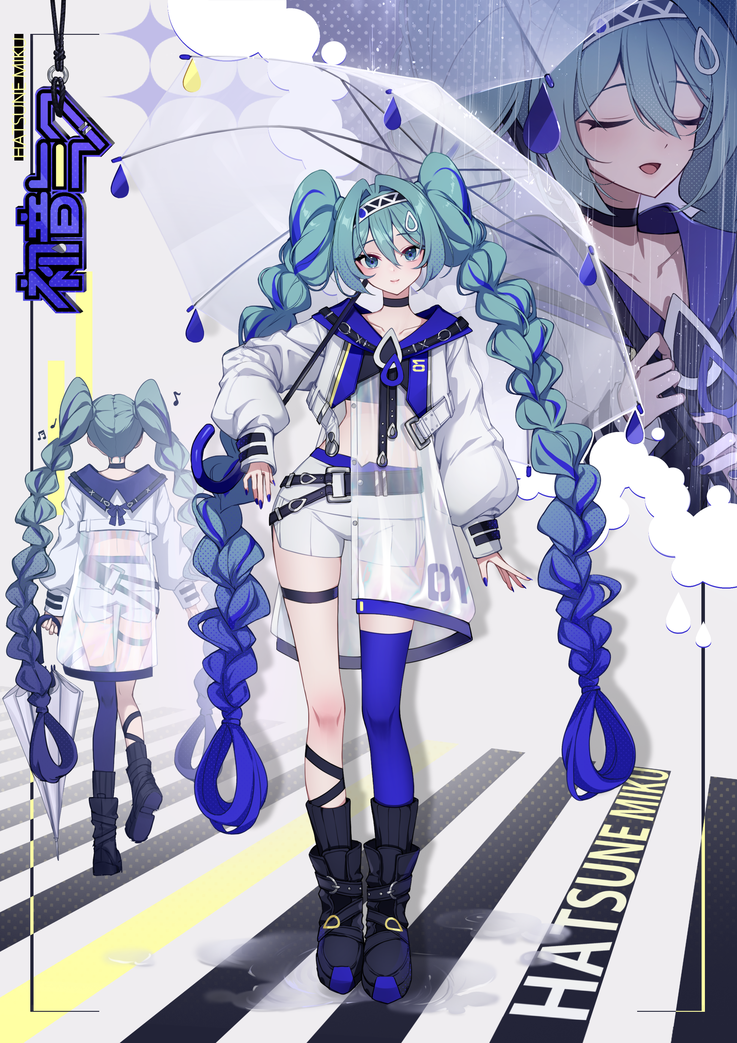 ankkoyom, hatsune miku, vocaloid, absurdres, highres, 1girl, aqua eyes, aqua hair, asymmetrical legwear, black boots, blue hair, blue nails, blue thighhighs, blush, boots, character name, closed eyes, closed mouth, collarbone, full body, gradient hair, hair between eyes, hair ornament, holding, holding umbrella, jacket, long hair, long sleeves, looking at viewer, low-tied long hair, multicolored hair, musical note, open mouth, rain, see-through clothes, shorts, smile, standing, stomach, thigh strap, thighhighs, transparent, transparent umbrella, twintails, umbrella, white jacket, white shorts
