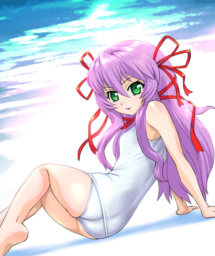ueyama michirou, al azif (demonbane), demonbane, 00s, green eyes, hair ribbon, long hair, one-piece swimsuit, purple hair, ribbon, school swimsuit, solo, swimsuit, white one-piece swimsuit, white school swimsuit