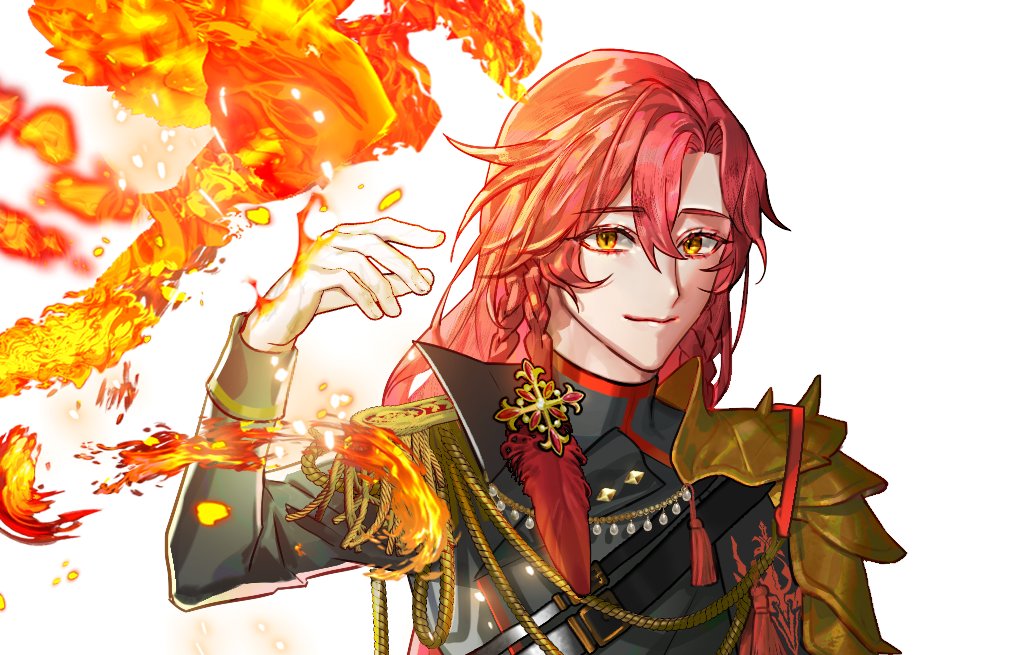 bamcream, original, commentary, commission, english commentary, 1boy, black shirt, closed mouth, fire, hair between eyes, long hair, long sleeves, looking at viewer, male focus, parted bangs, portrait, red hair, shirt, simple background, solo, white background, yellow eyes