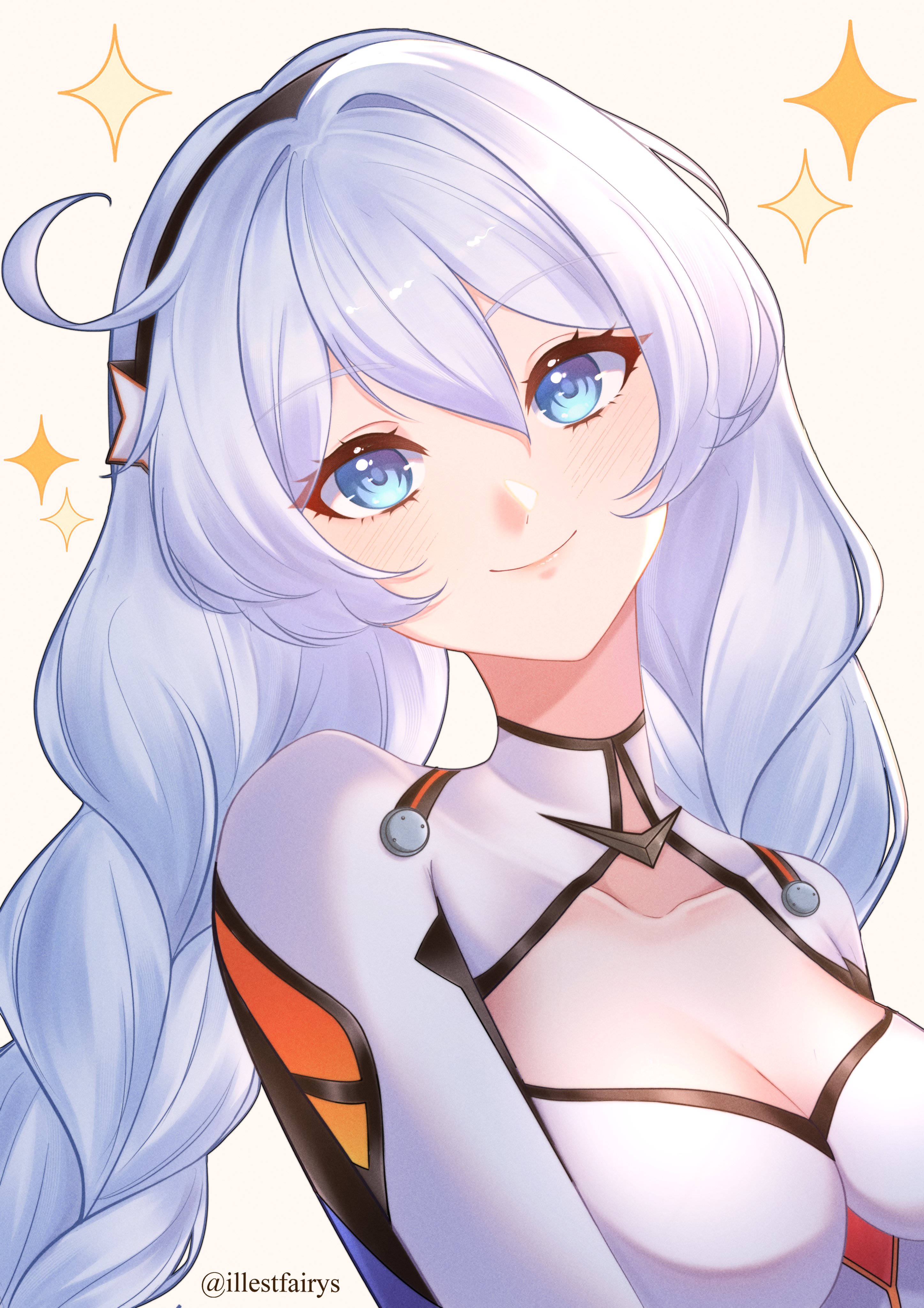 illestfairys, kiana kaslana, kiana kaslana (white comet), honkai (series), honkai impact 3rd, absurdres, commentary, english commentary, highres, 1girl, ahoge, blue eyes, bodysuit, braid, breasts, cleavage, medium breasts, skin tight, smile, solo, star (symbol), twin braids, twintails, twitter username, upper body, white background, white bodysuit, white hair