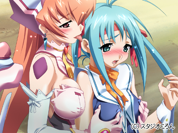 kimura takahiro, angels act, game cg, 2girls, blush, breasts, breasts squeezed together, covered erect nipples, large breasts, licking, multiple girls, open mouth, small breasts, yuri