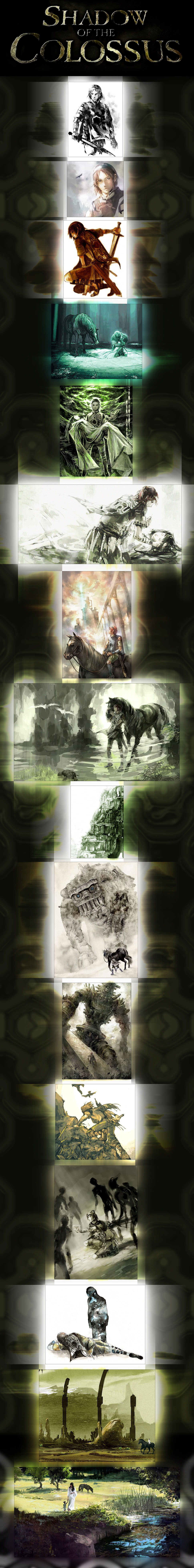 na2, agro, ico (character), mono (shadow of the colossus), wander (shadow of the colossus), ico, shadow of the colossus, absurdres, highres, long image, spoilers, tall image, 1girl, 2boys, black hair, colossus, compilation, consequence, horse, multiple boys, poncho, red hair, shadow, sword, weapon