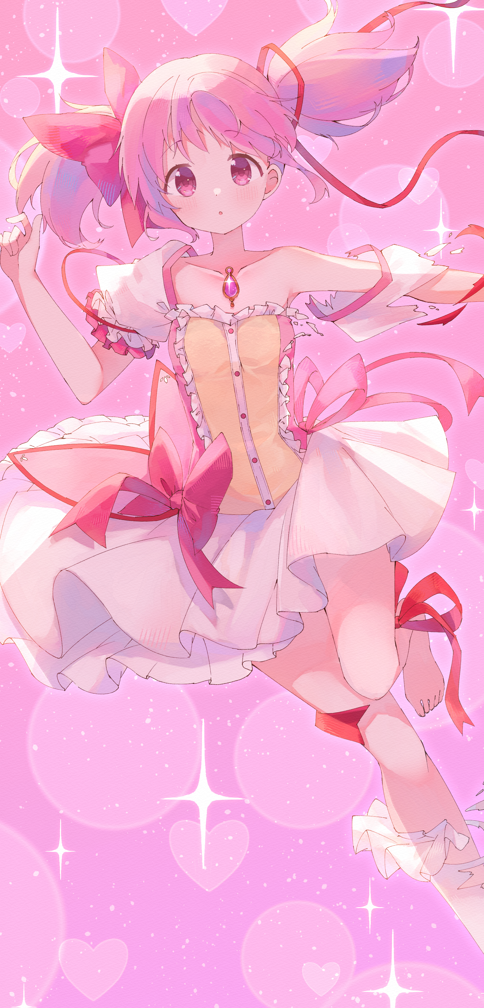 ruru (rurumagi), kaname madoka, kaname madoka (magical girl), mahou shoujo madoka magica, mahou shoujo madoka magica (anime), absurdres, commentary request, highres, 1girl, :o, barefoot, blush, collarbone, heart, henshin, looking at viewer, magical girl, pink background, pink eyes, pink hair, pink theme, puffy sleeves, ribbon, short twintails, solo, soul gem, sparkle, transformation, twintails