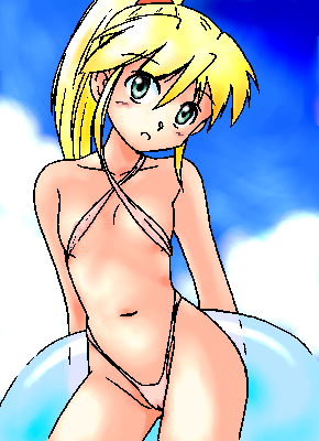 makuraneko taisa, asakura rin, narue no sekai, lowres, 1girl, aqua eyes, bikini, blonde hair, blue eyes, breasts, cloud, contrapposto, criss-cross halter, female focus, flat chest, halterneck, high ponytail, highleg, highleg bikini, innertube, long hair, looking at viewer, oekaki, outdoors, ponytail, pretzel bikini, sky, slingshot swimsuit, small breasts, solo, string bikini, swim ring, swimsuit