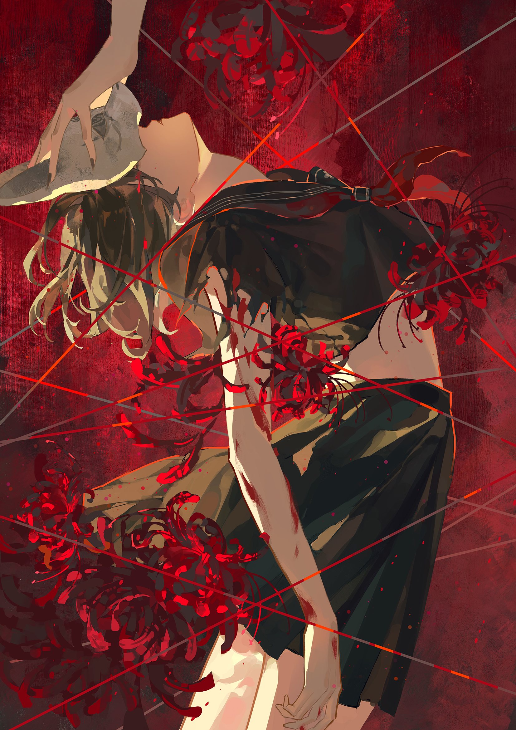 gejiandenghuo, shimizu hinako, silent hill (series), silent hill f, highres, 1girl, black hair, black sailor collar, black serafuku, black skirt, blood, fox mask, holding, japanese clothes, mask, neckerchief, pleated skirt, red neckerchief, sailor collar, school uniform, serafuku, shirt, short hair, skirt, solo