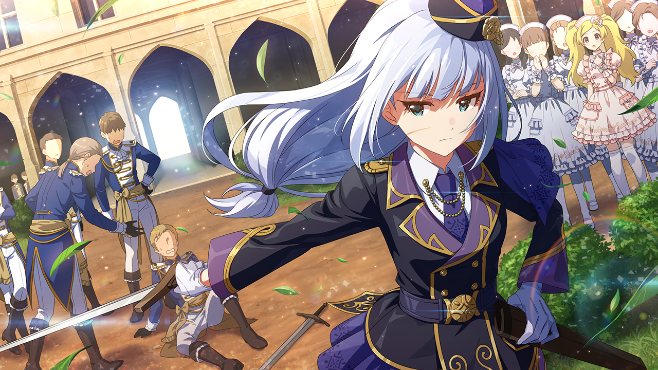 emily stewart, shiraishi tsumugi, idolmaster, idolmaster million live!, idolmaster million live! theater days, commentary request, game cg, official art, third-party source, 5boys, 6+girls, black jacket, blonde hair, blue hair, faceless, faceless female, faceless male, facing viewer, floating hair, gloves, hat, holding, holding sword, holding weapon, jacket, long hair, long sleeves, low-tied long hair, multiple boys, multiple girls, necktie, official alternate costume, on ground, sideways glance, sitting, standing, sword, twintails, weapon, white gloves
