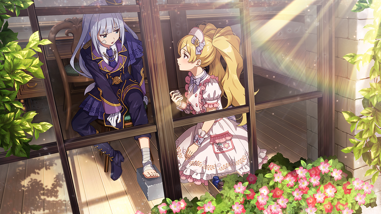 emily stewart, shiraishi tsumugi, idolmaster, idolmaster million live!, idolmaster million live! theater days, commentary request, game cg, official art, third-party source, 2girls, bandage on face, bandaged foot, bandages, bed, black coat, black pants, blonde hair, blue hair, boots, chair, coat, dress, from outside, hat, indoors, injury, kneeling, long hair, looking at another, multiple girls, nurse, nurse cap, official alternate costume, on chair, pants, puffy short sleeves, puffy sleeves, short sleeves, single boot, sitting, sunlight, twintails, white dress, window