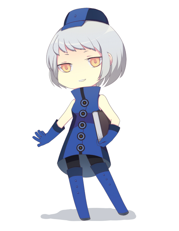 harano, elizabeth (persona), atlus, persona, persona 3, 1girl, bare shoulders, book, boots, dress, female focus, full body, gloves, hat, pantyhose, short hair, simple background, sleeveless, smile, solo, thigh boots, thighhighs, yellow eyes