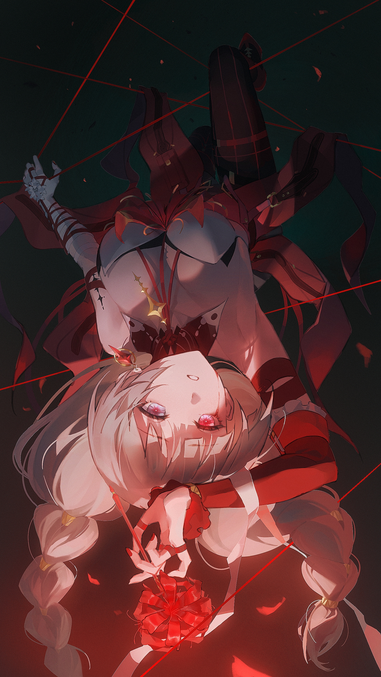 phrolova (wuthering waves), wuthering waves, absurdres, commentary request, highres, partial commentary, 1girl, arm up, bare shoulders, black pantyhose, braid, breasts, detached sleeves, dress, fingernails, flower, grey eyes, halter dress, halterneck, heterochromia, holding, holding flower, long hair, low twin braids, medium breasts, nail polish, pantyhose, red dress, red eyes, red nails, single detached sleeve, solo, spider lily, tacet mark (wuthering waves), twin braids, youxing pluto
