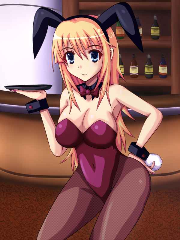 85g, animal ears, blonde hair, blue eyes, fake animal ears, fishnet pantyhose, fishnets, pantyhose, playboy bunny, rabbit ears, tray