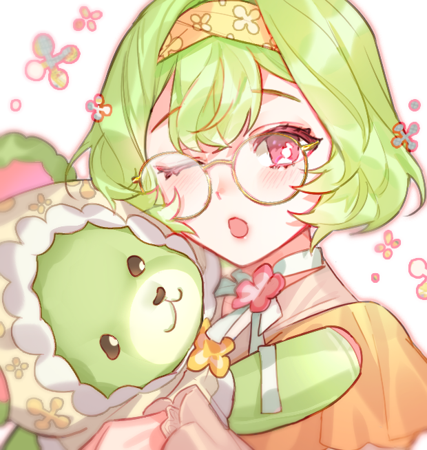 bamcream, original, commentary, commission, english commentary, 1girl, ;o, blush, double-parted bangs, glasses, green hair, hairband, looking at viewer, one eye closed, open mouth, orange shirt, pink eyes, portrait, round eyewear, shirt, short hair, simple background, solo, stuffed animal, stuffed toy, teddy bear, white background, yellow hairband