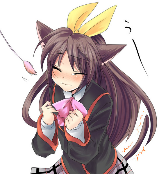 masayu, naoe riki, little busters!, plaid, resized, 1boy, animal ears, blush, bow, brown eyes, brown hair, cat ears, cat tail, cat teaser, closed eyes, crossdressing, long hair, pixiv thumbnail, plaid skirt, ribbon, school uniform, serafuku, skirt, tail, trap, yellow ribbon